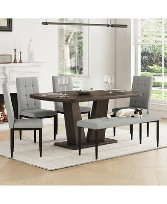 V-Leg Faux Marble Dining Set for 6 with 4 Chairs & Bench