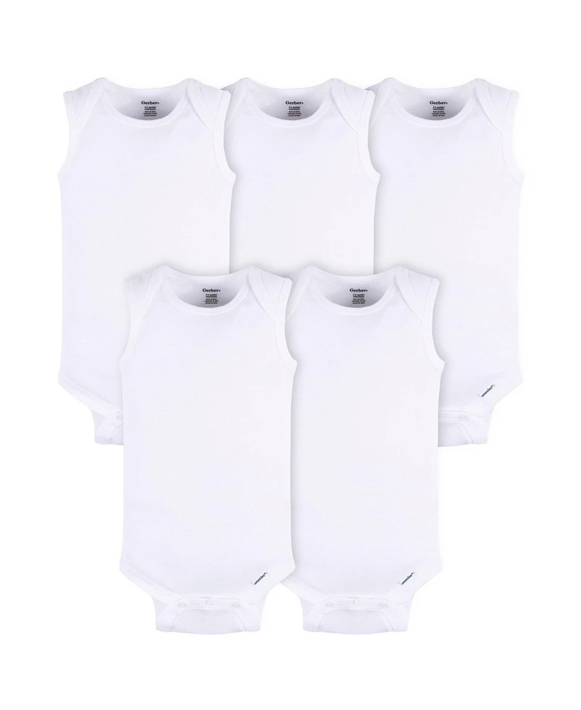 Gerber Baby Unisex White Sleeveless Onesies Bodysuits, 5-Pack