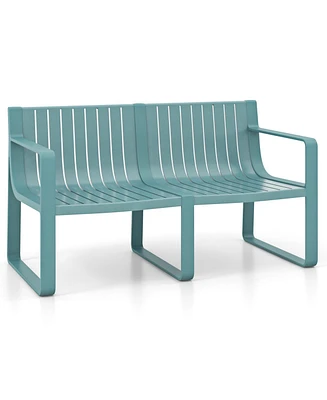 Weather-resistant Plastic 2-Person Bench with Curved Backrest-Blue