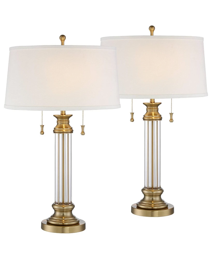 Rolland Traditional Table Lamps 30" Tall Set of 2 Clear Glass Antique Brass Gold Off-White Fabric Drum Shade for Bedroom Living Family Room Bedsi