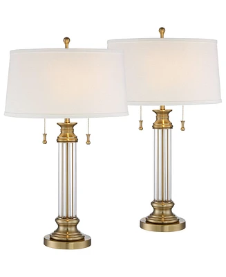 Rolland Traditional Table Lamps 30" Tall Set of 2 Clear Glass Antique Brass Gold Off-White Fabric Drum Shade for Bedroom Living Family Room Bedsi
