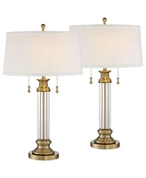 Rolland Traditional Table Lamps 30" Tall Set of 2 Clear Glass Antique Brass Gold Off-White Fabric Drum Shade for Bedroom Living Family Room Bedsi