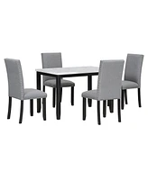Faux Marble 5-Piece Dining Set Table with 4 Thicken Cushion Chairs Home Furniture, White/Light Gray+Black
