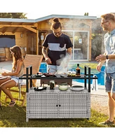 Outdoor Bar Cart Wicker Buffet Serving Cart with Cabinet and 8 Hooks-Gray