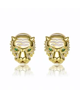 14k Yellow Gold Plated with Green Cubic Zirconia White Enamel Roaring Tiger Head 3D Stud Earrings