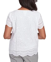 Alfred Dunner Petite Cotton Eyelet Scalloped Short-Sleeve Top