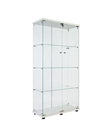 Lighted Two Door Glass Cabinet Glass Display Cabinet with 4 Shelves, White