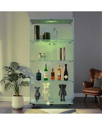 Lighted Two Door Glass Cabinet Glass Display Cabinet with 4 Shelves, White