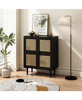 4-Doors Rattan Mesh Storage Cabinet, Sideboard with Eight Storage Spaces, for Entryway, Living Room, Hallway (Black