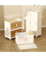 White Folding Storage Cabinet, 3 Tiers, Collapsible Bins, Wheels