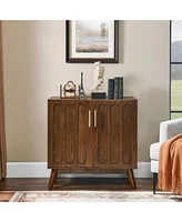Mid Century Modern Fluted Sideboard Cabinet with Adjustable Shelves & Solid Wood Legs, Buffet Cabinet with Storage, Walnut Storage Cabinet for Living