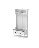 3-in-1 Hallway Hall Tree with 2 Storage Drawer and 4 Coat Rack, Wooden Entryway Shoe Rack Bench with Padded Seat Cushion, Mudroom Bench with Top Stora