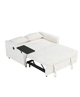 Beige Corduroy Pull-Out Sofa with Tabletop and Usb Ports