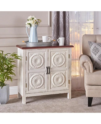 Rustic Distressed White Cabinet With Faux Wood Overlay And Brown Top