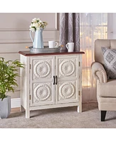 Rustic Distressed White Cabinet With Faux Wood Overlay And Brown Top