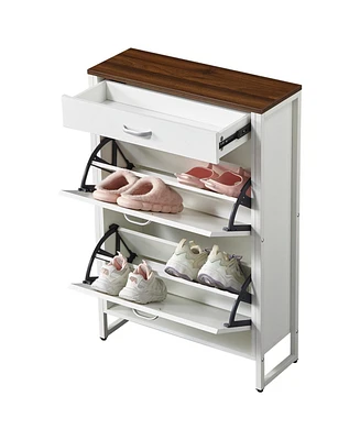 Slim Shoe Cabinet with 2 Flip Drawers, 1 Drawer & Organizer