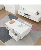 Modern White Coffee Table with Storage and Solid Wood Legs