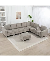 Corduroy Convertible Sectional Sofa with Ottoman, Gray