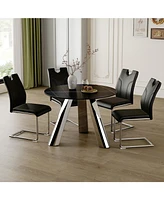 Round Table and 4 Black Chairs with Silver Metal Legs, Sintered Stone Tabletop