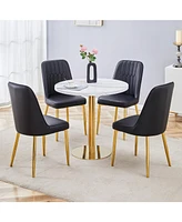 Marble Pattern Round Dining Table and Black Pu Chairs (4)