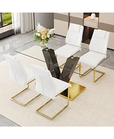 Luxurious 6-Piece Dining Set: Tempered Glass Table and 4 White Pu Chairs