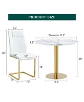 Elegant White Marble Table (31.5") & 4 Pu Chairs with Gold Accents