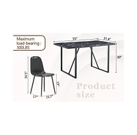 Modern Dining Set with 6 Upholstered Chairs, 55"x31.4" Black Marble Pattern