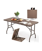 5FT Folding Picnic Table with Rattan Grain Hdpe Tabletop and Sturdy Metal Fame