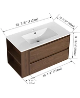 36" Wall Mounting Bathroom Vanity With Ceramic Sink, Soft Close Drawer