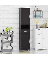 Double Door Narrow Height Slim Floor Standing Cabinet with 2 Adjustable Shelves-Black