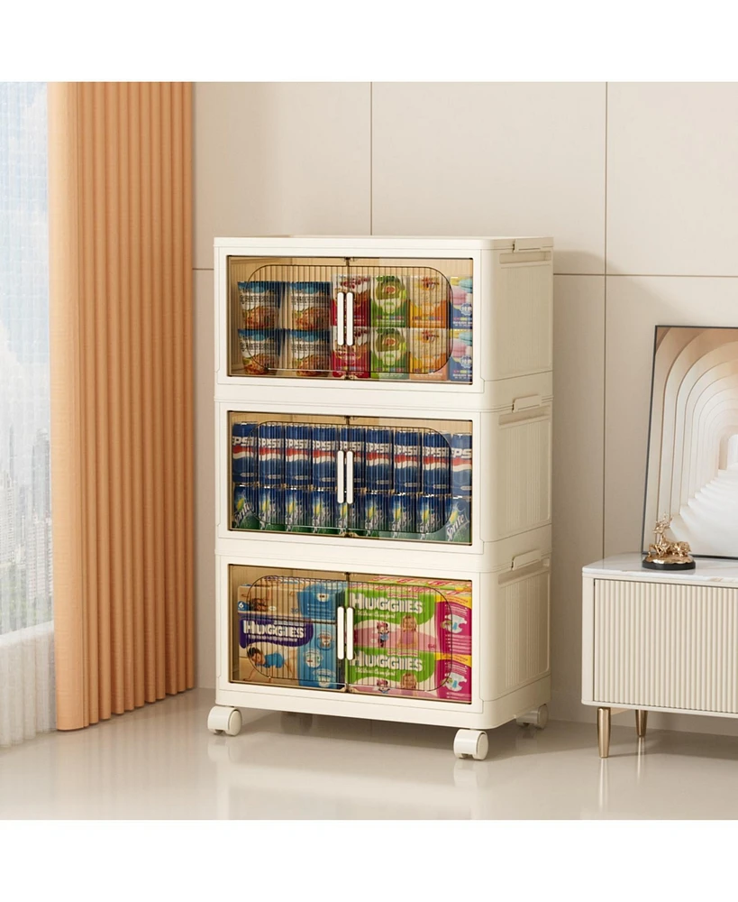 19.69" Side Wide Folding Storage Cabinet, 3 Tiers,19.69" 11.81" 31.1", Collapsible Storage Bins with Magnetic Door, Plastic Storag
