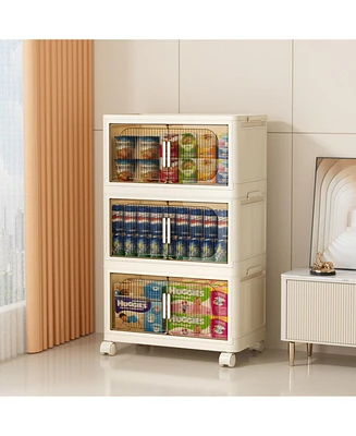 19.69" Side Wide Folding Storage Cabinet, 3 Tiers,19.69" 11.81" 31.1", Collapsible Storage Bins with Magnetic Door, Plastic Storag