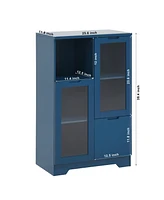 Wooden Floor Cabinet with 2 Glass Doors and 2 Storage Space, Blue Living Room Bathroom Entryway