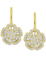 Cubic Zirconia Round & Baguette Flower Motif Leverback Drop Earrings