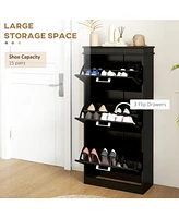 Shoe Cabinet for Entryway, Narrow Shoe Rack Storage Organizer with 3 Flip Drawers and Adjustable Shelves for 15 Pairs of Shoes, Black
