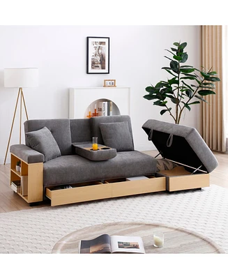 Convertible Sleeper Sofa Bed with Storage Ottoman & Drop Down Table - Grey
