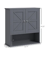 Farmhouse Bathroom Wall Cabinet, Wall Mounted Medicine Cabinet with Open Shelf & Adjustable Shelf, Storage for Laundry Room, Gray