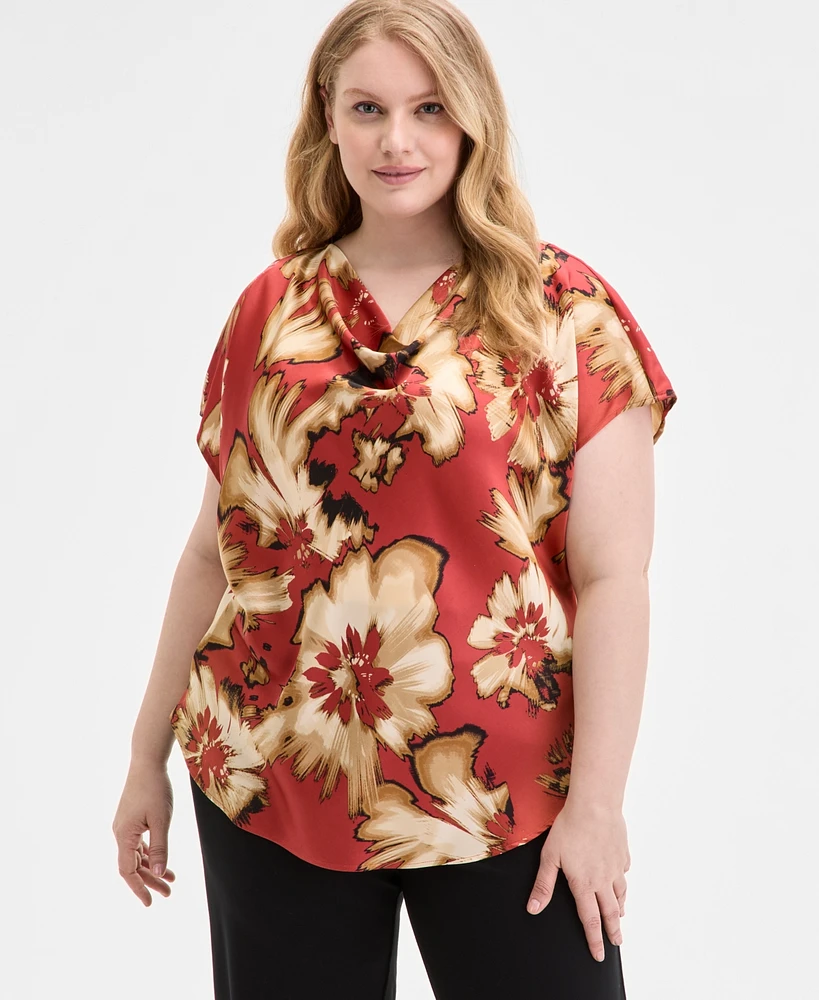 Anne Klein Plus Floral-Print Cap-Sleeve Top