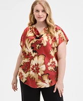 Anne Klein Plus Floral-Print Cap-Sleeve Top