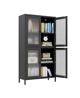 Classic Metal Storage Cabinet Display Cabinet with 4 Glass Doors 4 Shelves Cabinet Freestanding Bookcase Side Cabinet for Home Office Living Room Kitc