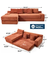 L-Shaped Corduroy Sectional Sofa Bed - Memory Foam, Steel Frame, Orange