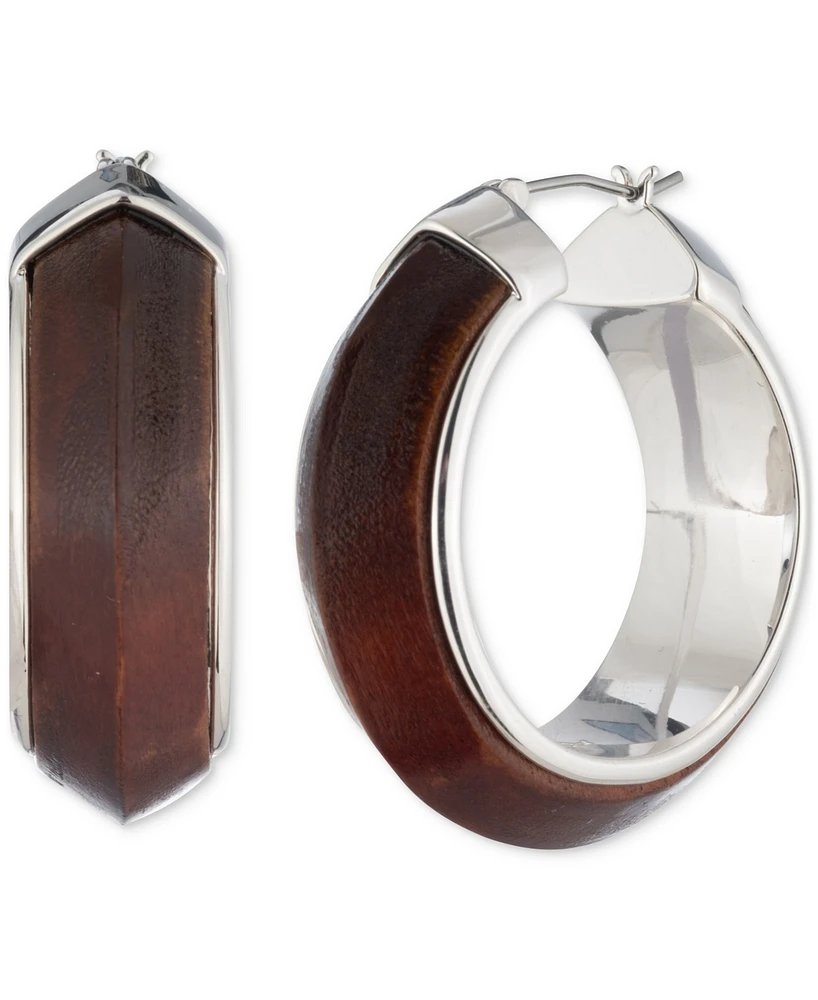 Lauren Ralph Lauren Silver-Tone Wood Inlay Medium Hoop Earrings, 1.4"