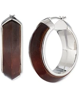 Lauren Ralph Lauren Silver-Tone Wood Inlay Medium Hoop Earrings, 1.4"