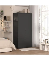 Black Metal Wardrobe Cabinet with Lockable Doors, Adjustable Shelves, and Hanging Rod