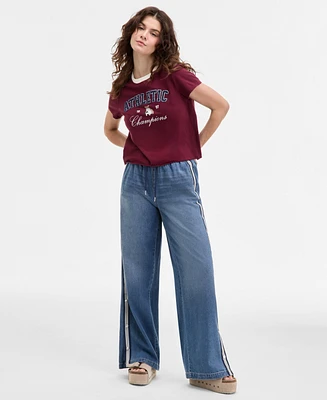 Madden Girl Juniors' Pull-On Side-Snap Wide-Leg Jeans