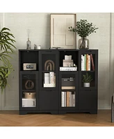 Wooden Floor Cabinet with 2 Glass Doors and 2 Storage Space, Black, Living Room Bathroom Entryway