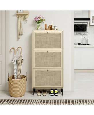 Rattan 3 Door Shoe Rack, Freestanding Modern Shoe Storage Cabinet, for Entryway