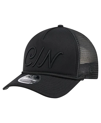 New Era Men's Black Cincinnati Reds City Initial 9FORTY A-Frame M-Crown Adjustable Trucker Hat