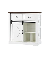 Sliding Barn Door Sideboard Cabinet with Storage and Drawers (White and Walnut)
