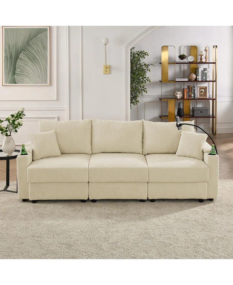 Beige Corduroy Sofa with Storage, Cup & Phone Holders